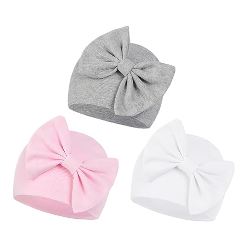 Image of Century Star Newborn Girls Hats Baby Hat and Mitten Set Big Bow Knit Infant Headbands Winter Baby Hat for Girls B White & Pink & Grey (No Gloves) 3-6 Months