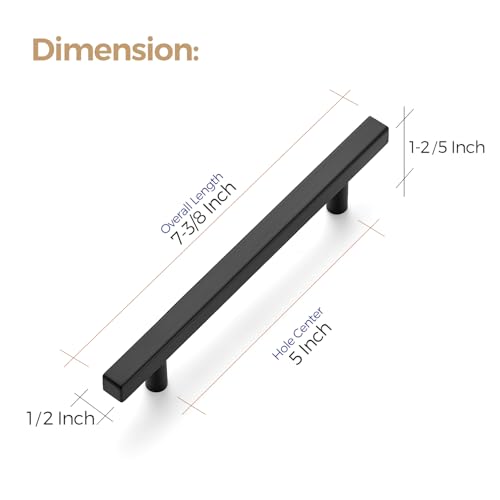 Image of Ravinte 10 Pack 5 Inch Cabinet Pulls Black Sqaure Kitchen Cabinet Handles Black Cabinet Hardware Stainless Steel Drawer Pulls 7-3 /8 Inch Overall Length with Mounting Template