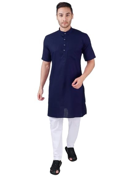 fashtastic Men's Navy Blue Premium Cotton Half Sleeve Solid Kurta Pajama Set/Modi Kurta Pajama Set/Modi Jabba Set-picture-35