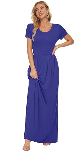 Image of AUSELILY Women's Summer Short Sleeve Loose Plain Casual Long Maxi Dresses | Year Round wear solid floral print, Casual wear, Empire waist, Floor length, Side pockets
