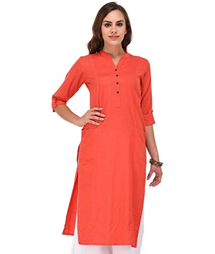 Image of Pistaa's Women's Cotton Relaxed Fit Straight Solid Kurta With Two Patch Pockets