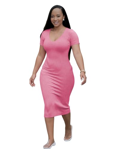 Image of TOPSRANI Women Sexy Midi Dress Bodycon Casual Sleeveless Basic Ruched Tank Summer Club Party Dresses