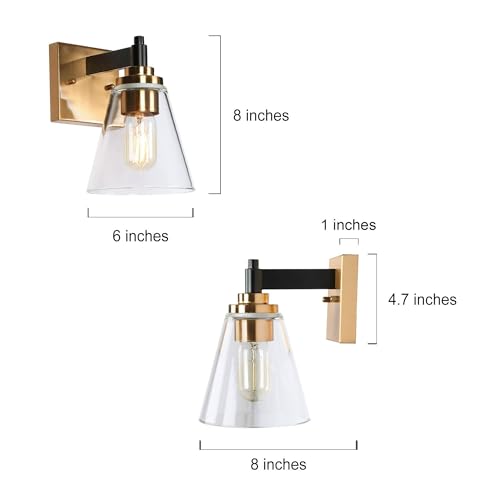 Image of KSANA Wall Sconces, Black and Gold Wall Lights for Bedroom, Wall Mounted Lamps with Flared Glass Shade for Living Room, Bathroom,