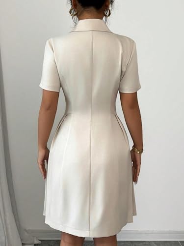 Women’s Elegant Double-Breasted Pleated Blazer Dress Short Sleeve Notch Lapel A-Line Slim Fit Suit Dress Business Office 5