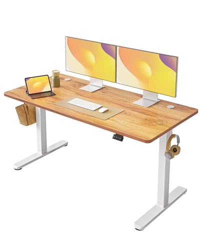 FEZIBO Escritorio Eléctrico Regulable en Altura, 140 x 60 cm Escritorio de Pie con Control de Memoria y Tecnología Anticolisión, Marco Blanco/Tablero Marrón Claro