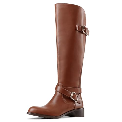 Knee High Boots For Women Round Toe Fashion Riding Metallic Buckles Low Block Heel Tall Boots