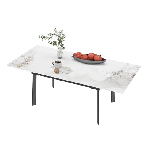 La Mejor review de Mesas de Comedor extensibles los diez mejores. 37 Wisfor Mesa Comedor Extensible para 4 6 8 Personas de 130 a 160 cm Mesa Comedor Expandible Rectangular Minimalista de Mármol Blanco con Patas de Acero Negro (Material de Top...