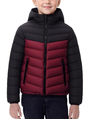 Happy Cherry Boy Girls Quilted Lightweight Jacket Contrast Color Puffer Coat with Zipper Pockets Hooded Outerwear 7-16Y