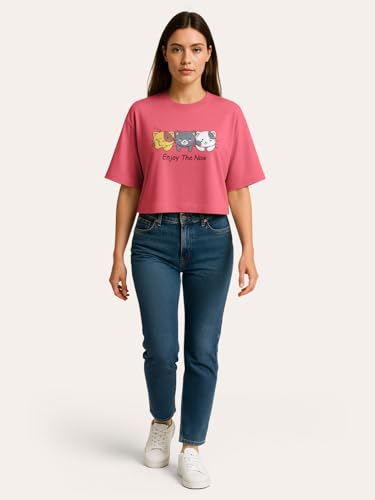 Image of HELLCAT Beige Printed Loose Fit Crew-Neck Crop T-Shirt for Women