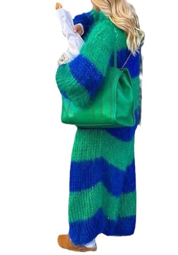 LETSVDO Women's Color Block Long Cardigan Open Front Oversized Striped Knit Slouchy Duster Chunky Sweater Coat
