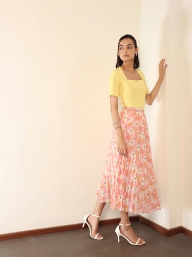Image of FableStreet Women Skirt Casual & Festive | Elegant Flared Fit High Rise Knife Pleats All-Over Floral Print | Wrinkle-Resistant Woven Fabric for Summer & Outings