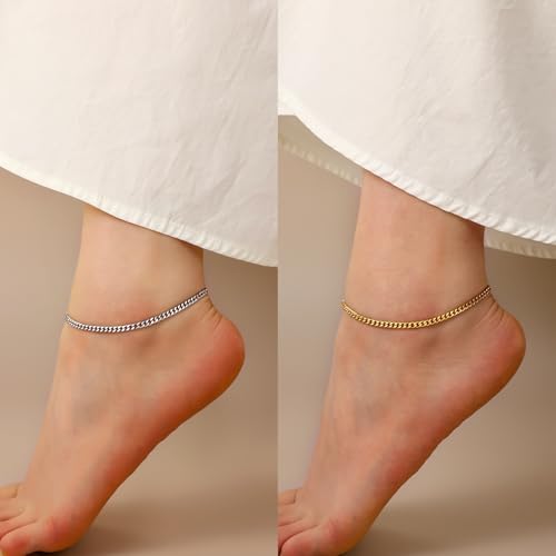 Image of Fiusem Silver Tone / 18k Gold Plated Anklet for Women, 3.5mm Stainless Steel Cuban link Chain Anklets for Women, Women's Anklets 9 inch /10 inch /11 inch
