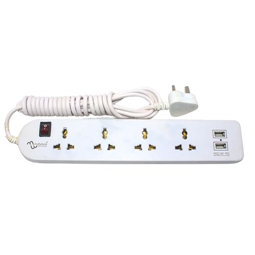 Image of MULTYBYTE 4 Socket 2 USB Port Outlet Extension Board, High Speed, Fast Charging- Power Strip, Surge Protector, 4M Cable Shockproof Fire-Retardant, Multipurpose Use Spike for Home & Office