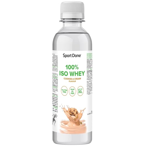 SportDone - Proteína 100% Whey Isolate Monodosis 30 g | Sabor Cookies & Cream | 77% de proteínas | Sin gluten ni aceite de palma | Bajo en azúcar | Botella lista para mezclar