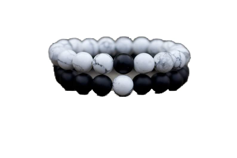 Bracelet couple distance en howlite blanche et obsidienne noire 8mm