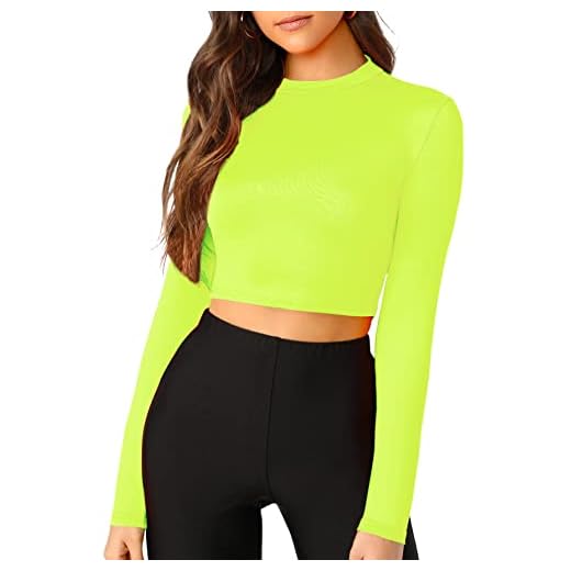Verdusa Women's Casual Slim Fitted Basic Long Sleeve Solid Crop Tee Top Neon Green S