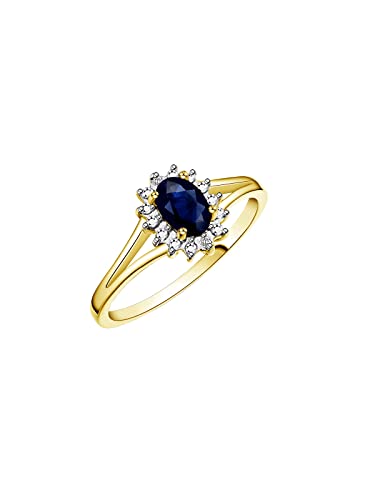 Image of Rylos Halo Ring: Diamond Birthstone with 6X4MM Oval Gemstone - Women's Jewelry in Yellow Gold Plated Silver - Stunning Diamond Ring Sizes 5-10