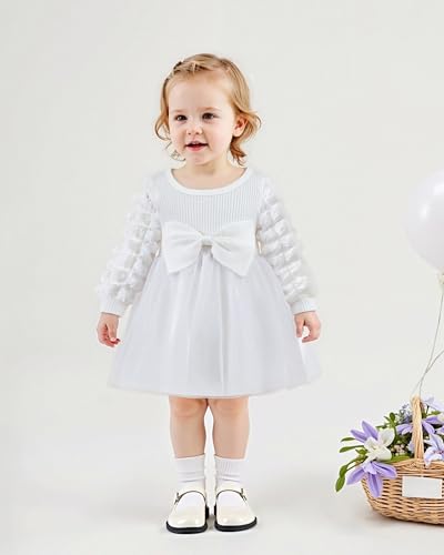 Renotemy Baby Girl Flower Dress Fall Winter, Puff Sleeve Tutu Dresses Princess Wedding Birthday Party Dresses for Girls 3M-3T2