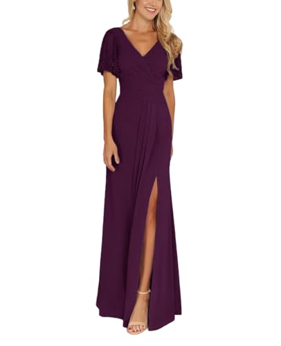 Beads Short Sleeve V-Neck Wedding Guest Dress with Slit Chiffon Mother of The Bride Dresses Formal Evening Party Dress