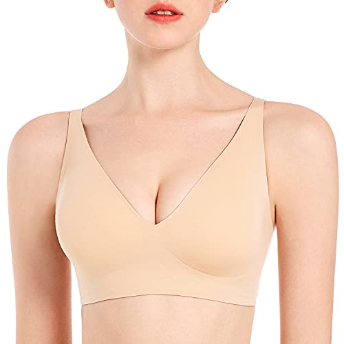 HANSCA Wireless Seamless Low-Cut Bra for Women Plunge Neckline Comfort Sleeping Bras Triangle Smooth (Nude, Size XL)