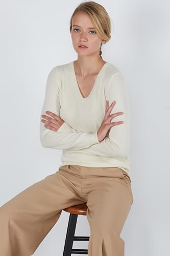 Image of JENNIE LIU Women's 100% Pure Cashmere Long Sleeve Pullover V Neck Sweater