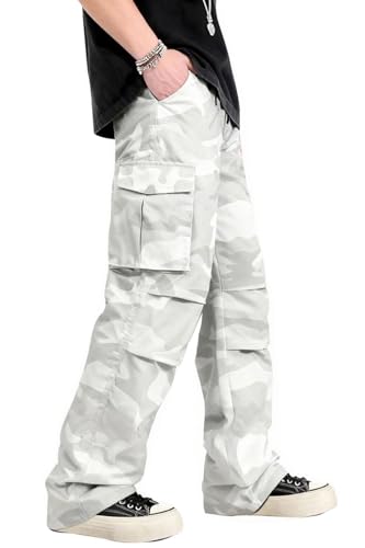 GINGTTO Baggy Cargo Pants Men White Camo Wide Leg Fashion Y2K Loose Fit Streetwear Drawstring Stretch 32