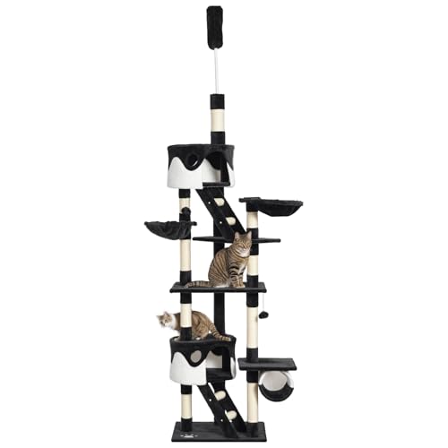 PawHut Floor to Ceiling Cat Tree, 240-260cm Adjustable Height Cat Tower with Scratching Posts, Cat Houses, Ramps, Hammocks, Toy Balls, Tunnel for Indoor Cats - Black