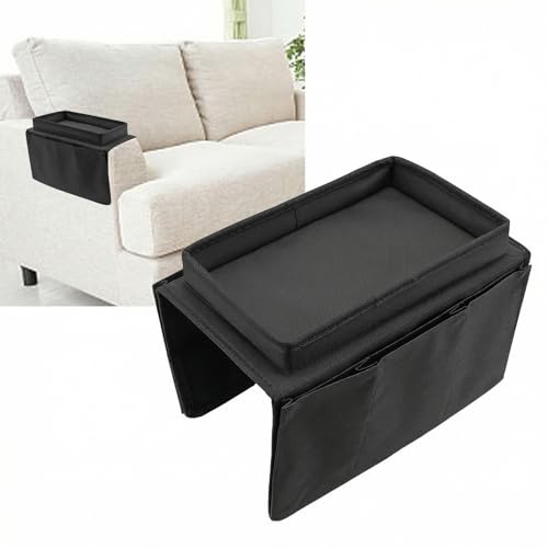 Image of Sofa Armrest Organiser, Armchair Caddy with Tray, Couch Arm Tray Stylish And Durable Multifunctional Pocket Storage Bag, Remote Holder for Recliner for Headphones, Tablet, Phone, Glasses (Black)