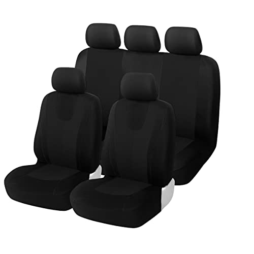 5PCS Car Seat Covers Full Set, Polyester Front Bucket Seat Protectors with Split Bench Back Seat Covers, Breathable Premium Seat Cushions, Auto Accessories for Trucks, SUV, Car (Black/Front,Back)
