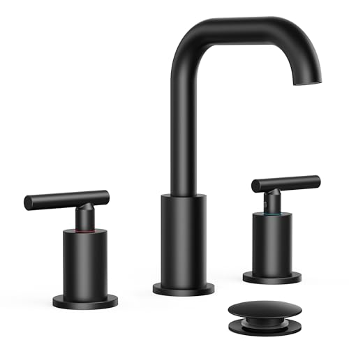FORIOUS Matte Black Bathroom Faucet 3 Hole Widespread, 8 Inch Bathroom Sink Faucets Two-Handle with Pop Up Drain and Water Supplies for Vanity Restroom RV Lavatory Sink