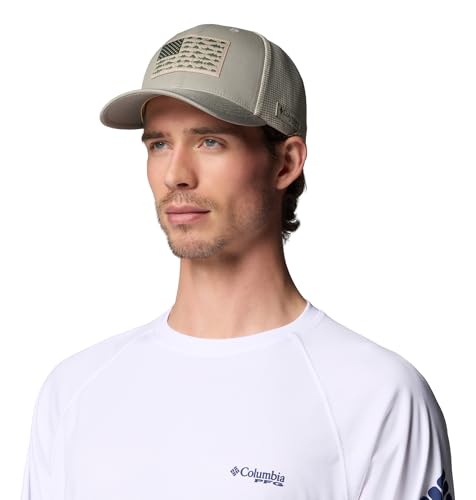 Image of Columbia Unisex PFG Fish Flag Mesh Ball Cap, Grey Green /Fossil /US Fish Flag, S /M
