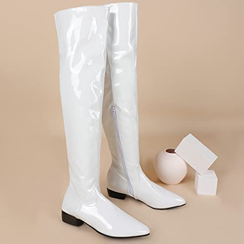 LUXMAX Women Patent Leather Thigh High Low Heel Boots Pointed Toe Flat Over The Knee High Boots with Zip4