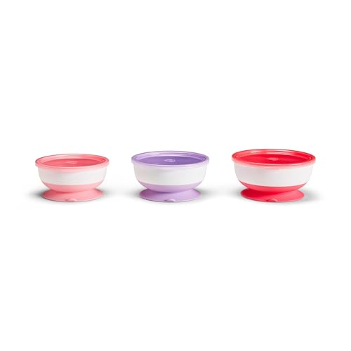 Munchkin Stay Put Munchkin Suction Baby Bowls with Lids - Dishes for Babies and Toddlers, Self-Feeding Bowl Set for Kids 6+ Months, 3 Pack, Pink/Purple