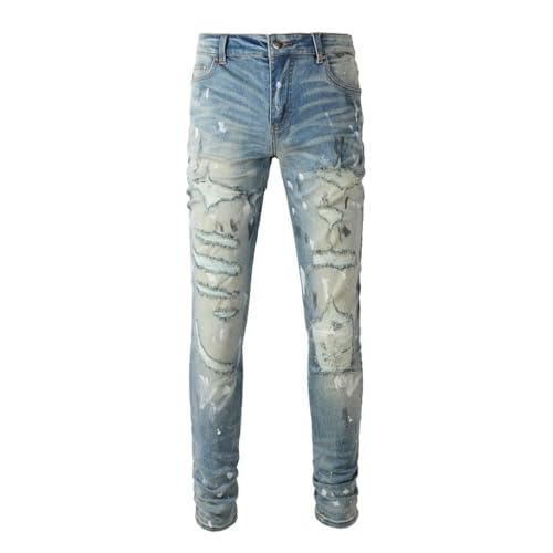 Jeans Pants Trousers Denim Men Trendy Street Stretch Slim Fit Worn Hole Spray Paint Dot Graffiti Personalized Blue Grinding Fading Wrinkle Casual Small Leg(Light Blue,30)3