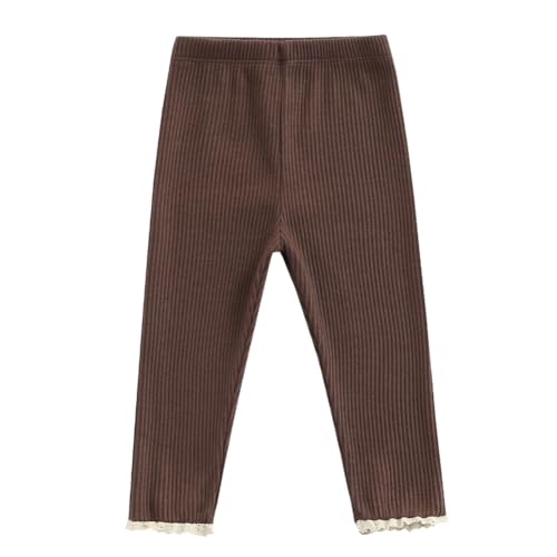 Toddler Baby Girls Ribbed Knit Cotton Lace Trim Footless Tight Leggings Bottom Pants (Brown, 12-18 Months)