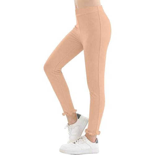 Toddler Girls Solid Color Leggings Ruffle Trimmed Stretchy Ankle Length Athletic Yoga Pull On Pants for 1-10 Years