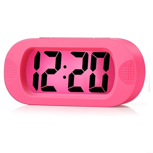 Honseadek Réveil numérique de voyage avec grand écran LCD, fonction snooze et veilleuse douce – Coque en silicone anti-chocs pour enfants, adolescents et adultes (rose)