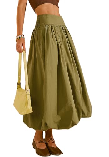 KMBANGI Y2k Women Bubble Maxi Skirt Elastic Smocked Waist Casual Pleated Long Skirts Ruffle Balloon Midi Skirt Streetwear