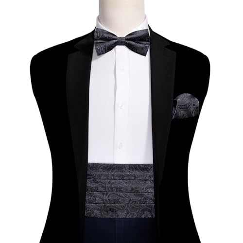 Image of YOHOWA Men Cummerbund Bow Tie Set Silk Paisley Formal Pre-Tied Bowtie Pocket Square Cufflinks Wedding Party Prom