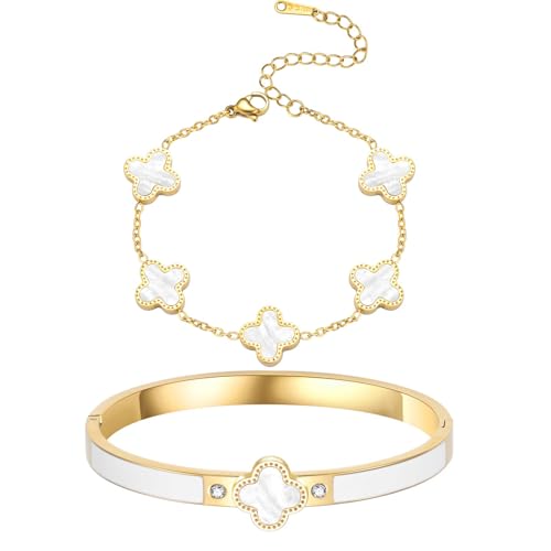 Clover Bracelet Set for Women – 18K Gold Plated Four Leaf Clover Bangle and Lucky Clover Bracelet Set - Lucky Clover Black/White Jewelry for Women