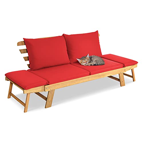 GIANTEX Canapé Lit de Jardin Convertible pour 2 Personnes, Lit de Jardin Extensible 3 en 1 avec Coussins et Oreillers, Cadre en Bois d'Acacia, Canapé de...