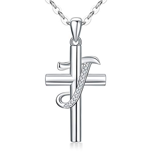 Eusense initial necklaces cross letter necklace sterling silver alphabet pendant a necklace for women and teen girls with Cubic Zirconia (Letter J)