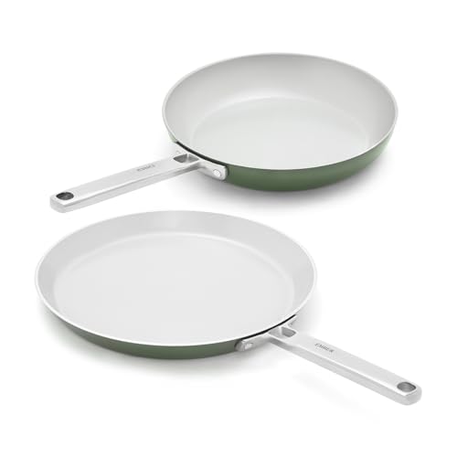 Image of Ember Cookware Arcilla Ceramic Non Stick Cookware Set of 2 | Induction Cookware | Frying Pan 24cm & Tawa 28cm | ISI Certified | Ceramic Gift Combo Set of 2 | Steel Handle | 5-Year Warranty | Green