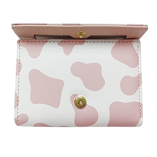 Mozxirz Women Girls Wallet Cute Cow Print Tri-Fold Wallet Pu Leather Purse Slim Small Short Wallet Cartoon Trifold Cash Card Holder Bag (Pink Cow) #TOP5