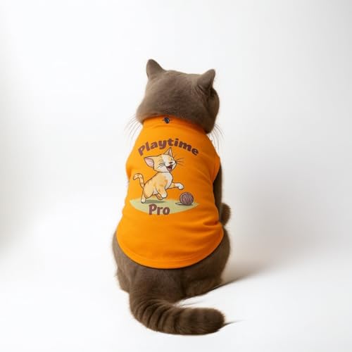Image of Thunder Tails Printed Cat T-Shirt for Small to Large Cats & Kittens | Lightweight Breathable Cotton Pet Apparel | Cute & Stylish, Comfortable Round Neck Cat Clothes (S, Orange)