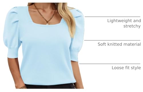 Image of Womens Puff Short Sleeve Sweater Tops Square Neck Casual Knit Pullover | Dressy Casual Blouses,Fall Shirts,Fashion Summer Clothing,Cute Spring Outfits,Work Shirts