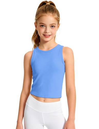 Image of JOCMIC Girls Athletic Tank Tops, Ribbed High Neck Sleeveless Cropped Top | Stretchy Ribbed Fabric, Modest High Neck Cut, Well-Made and Wash Resistant, Suitable for Dance, Gym and Daily
