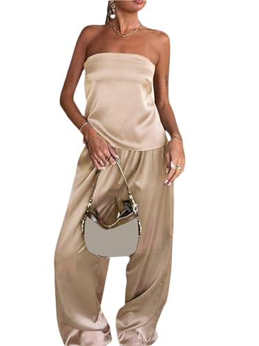 MBZJSDKHLK Women Strapless Tube Tops Long Pants Satin Set Sleeveless Backless Bandeau Vest Elastic Wide Leg Trouser 2PCS Suit (A-Apricot, M)