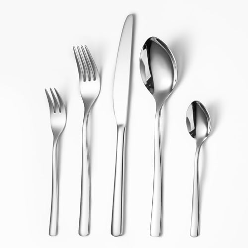 Opolia Cutlery Set for 6 People, Cutlery Set 30 Pieces Stainless Steel Fork Knife Spoon Set Dishwasher Safe High Gloss Polished Silver
