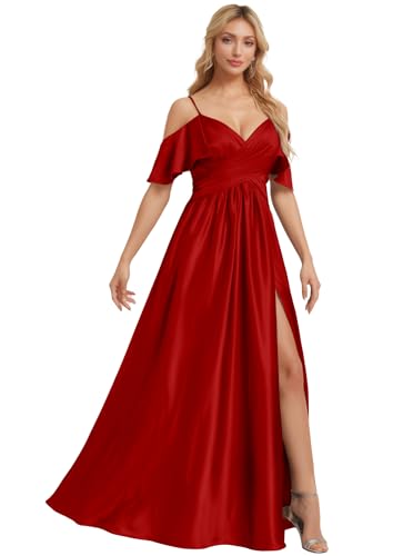 Everlong Cold Shoulder Bridesmaid Dresses 2025 Satin Spaghetti Straps Prom Dress High Slit Formal Evening Gown EL010